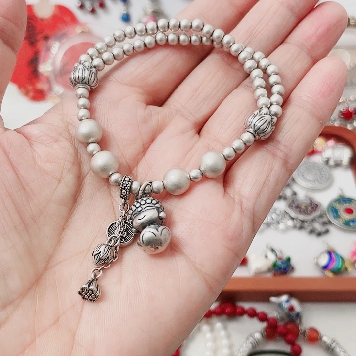 珐琅吊坠足银双圈手链