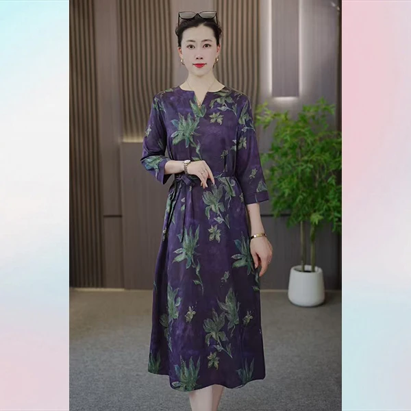 【紫韵】夏季新款休闲时尚简约百搭气质显瘦腰带洋气高级感连衣裙