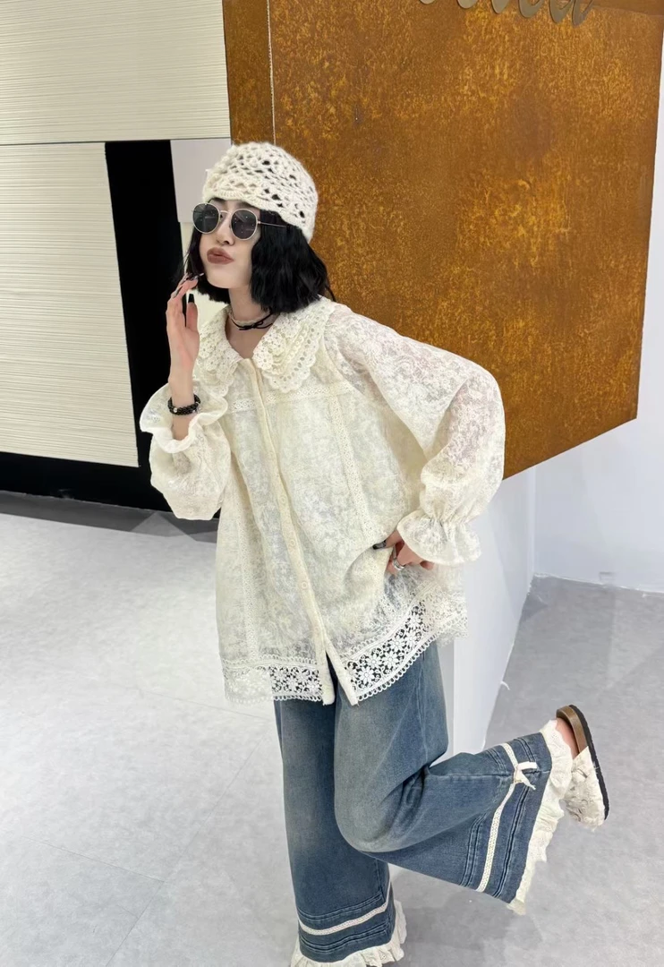 大码女装娃娃领蕾丝长衬衫