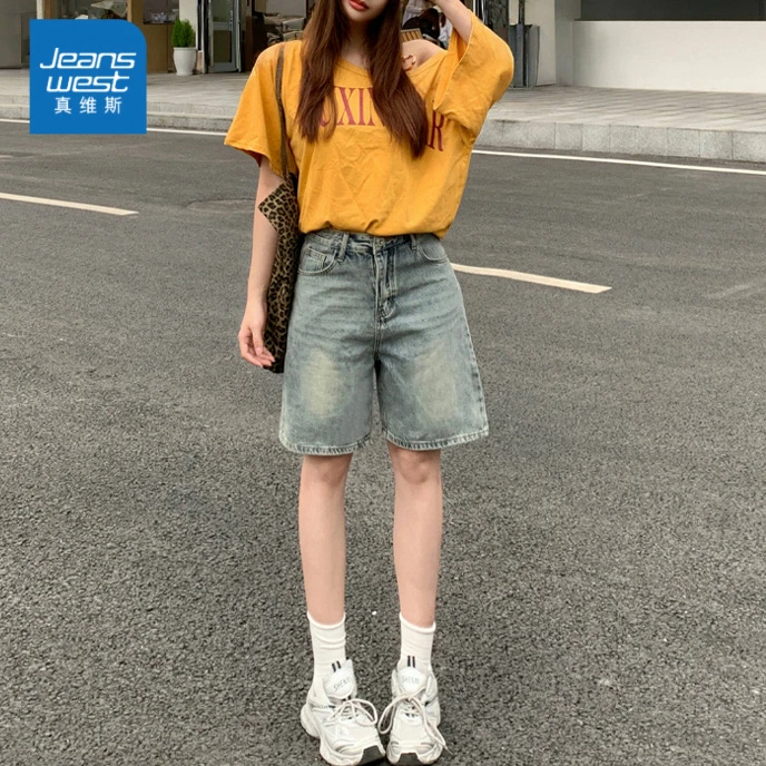复古简约怀旧水洗牛仔短裤女秋季新款中裤百搭休闲宽松直筒五分裤
