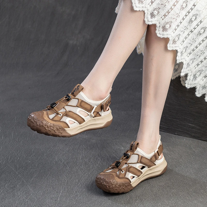 【9168-7J】夏季新款复古包头丑萌透气网面运动凉鞋头层牛皮轻便女