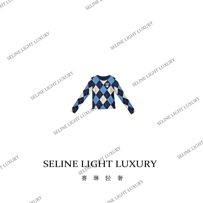 【24Q-138】2024 SELINE 秋冬拼色菱形格百搭时尚气质休闲圆领上衣