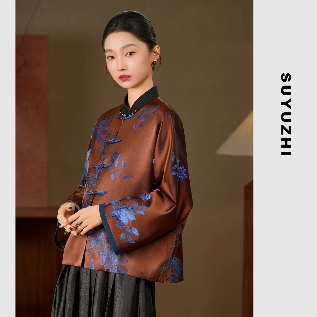SUYUZHI素与织孔雀纹提花老缎上衣女2025秋季新中式盘扣长袖开衫