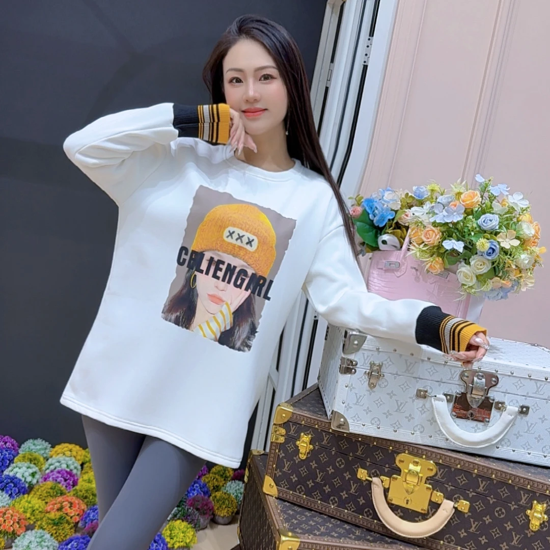 2025新款卫衣女加绒加厚圆领长袖中长款宽松白色螺纹袖口拼接