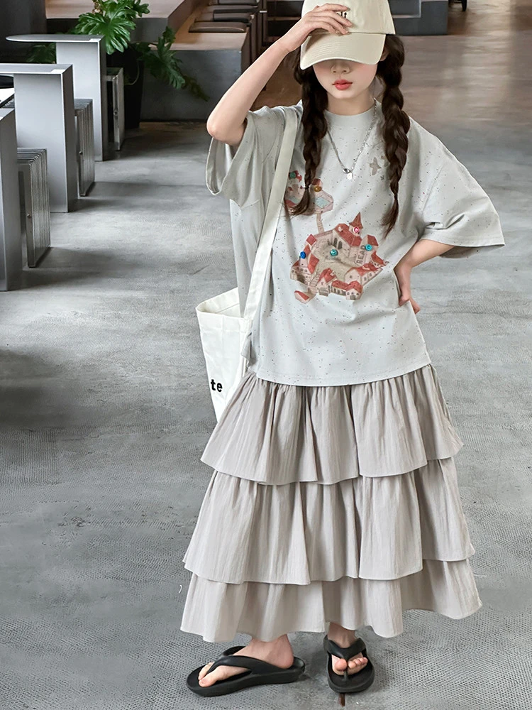 女童彩点棉T恤夏2025新款中大童圆领短袖T恤衫蛋糕裙套装夏季