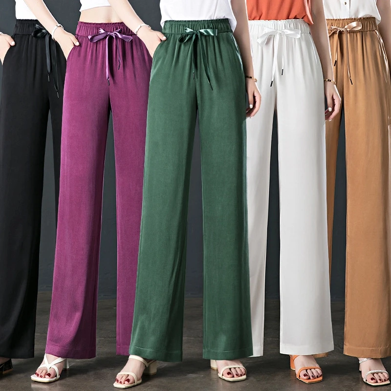 加厚铜氨丝直筒裤女夏季薄款宽松垂感阔腿裤高腰外穿铜氨锻休闲裤
