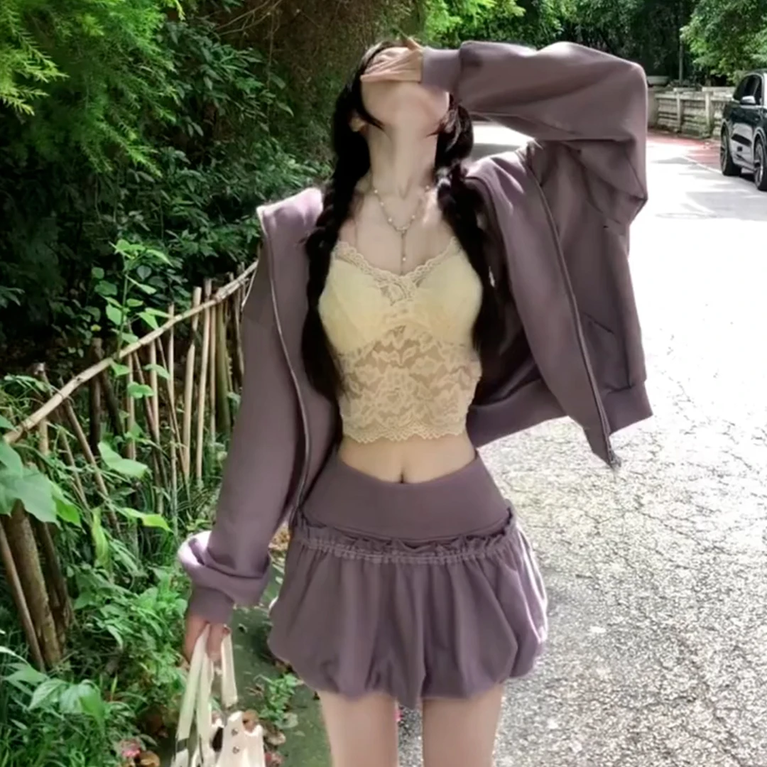 韩系少女宽松显瘦连帽卫衣时尚两件套休闲运动花苞短裙套装女秋季