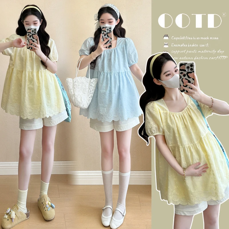 孕妇装2025夏季新款休闲时尚百搭韩版蕾丝刺绣减龄娃娃衫孕期上衣