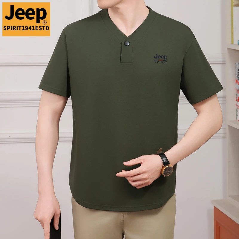 男士短袖t恤2025年新款Jeep吉普中年V领休闲品牌男款新中式半袖衫