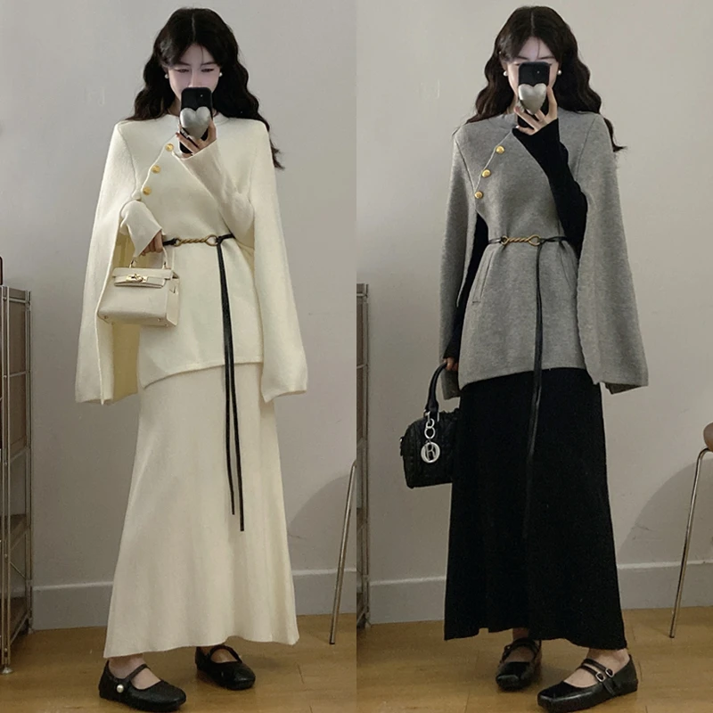 大码胖mm秋冬新款法式设计感斗篷外套+针织打底连衣裙两件套装女