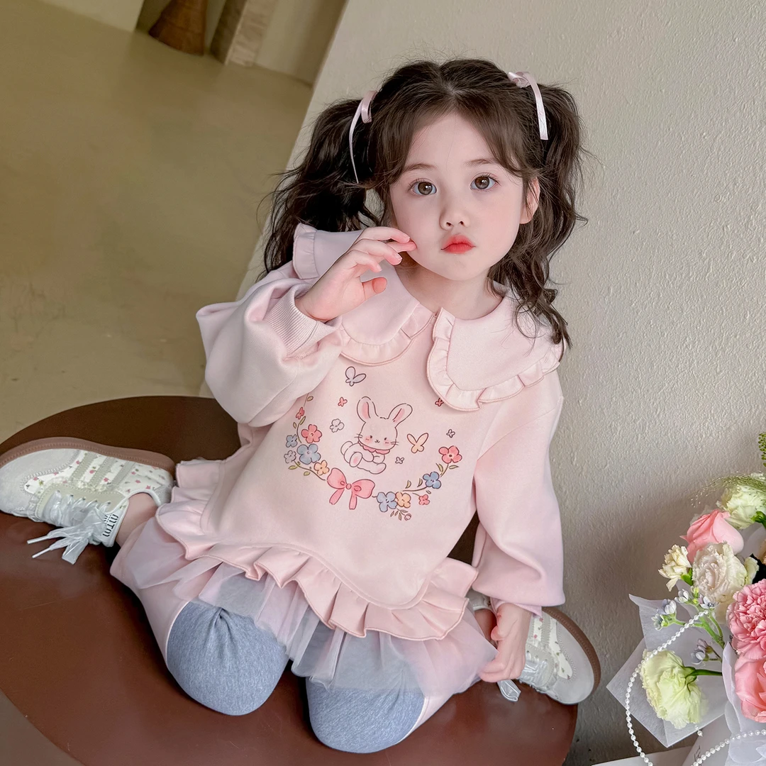 女小童蝴蝶结花边卫衣套装春秋款女宝宝时髦春装小女孩运动两件套