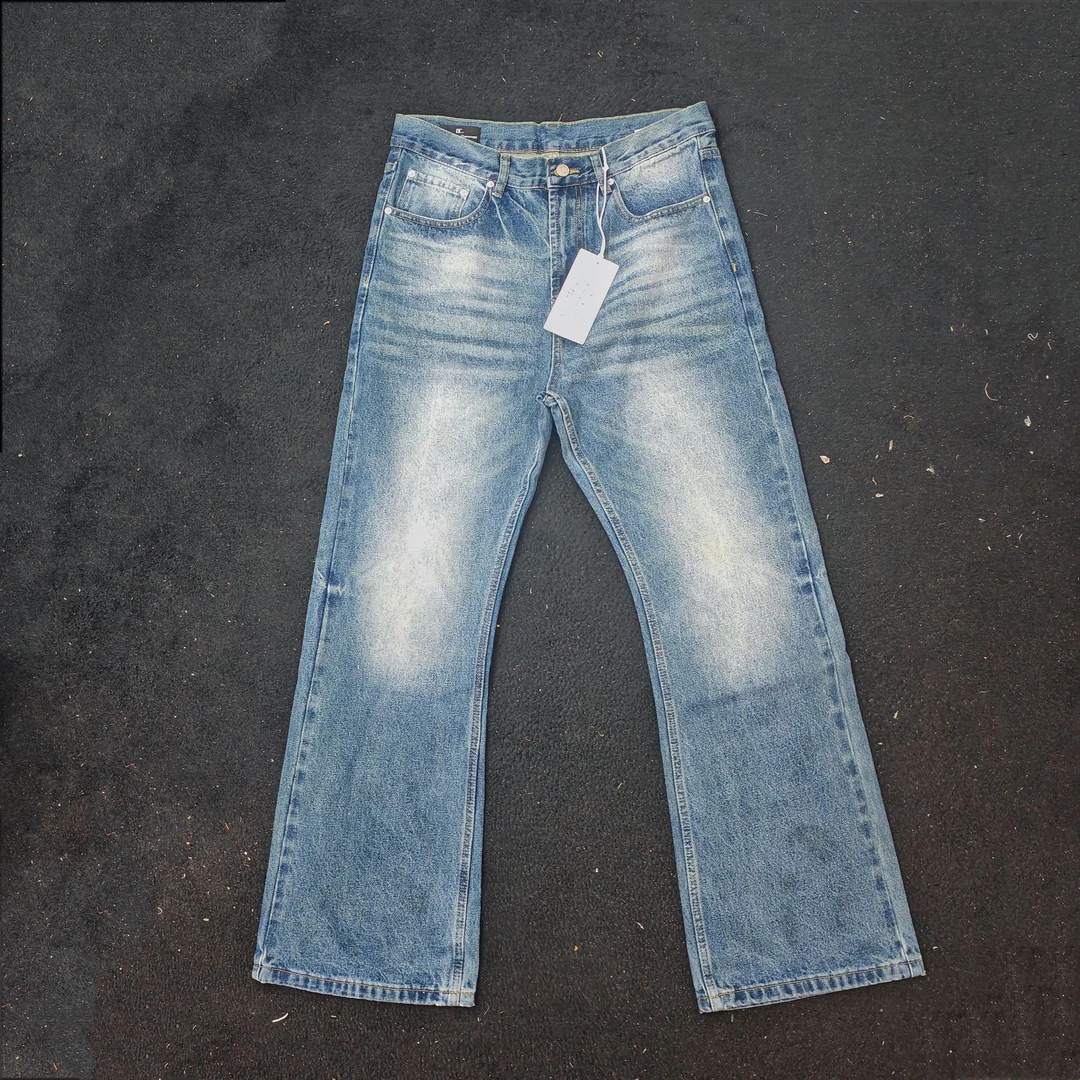 Yk水洗深蓝线条猫须简约风直筒微喇裤dc+