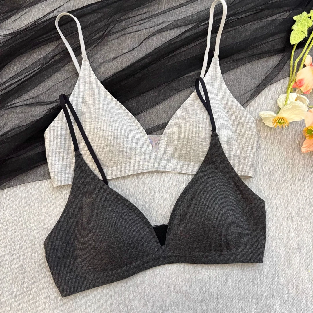 轻奢法式薄款深V螺纹三角杯女士内衣细肩带美背小胸聚拢女士文胸E