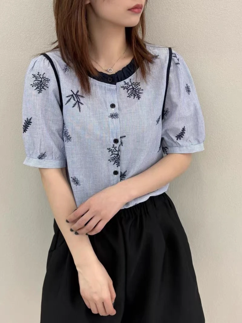 982 树叶花刺绣高品质撞色衬衫