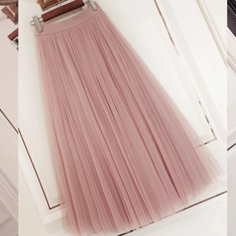 粉色网纱裙女垂感纱裙半身裙显瘦秋冬中长款高腰大摆裙超仙A字裙