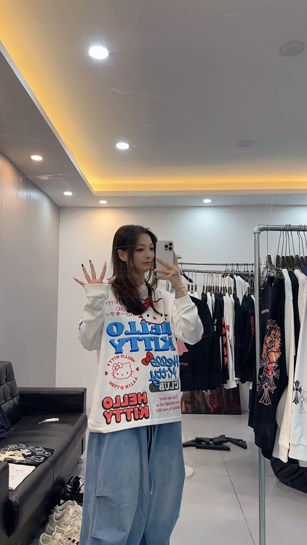 【LLZ422】蓝色KT猫秋冬新款圆领208G纯棉男女同款长袖螺纹收口