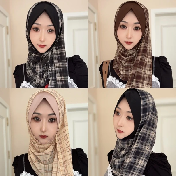 夏沫推荐，休闲简约格子绕巾【超薄纱巾】