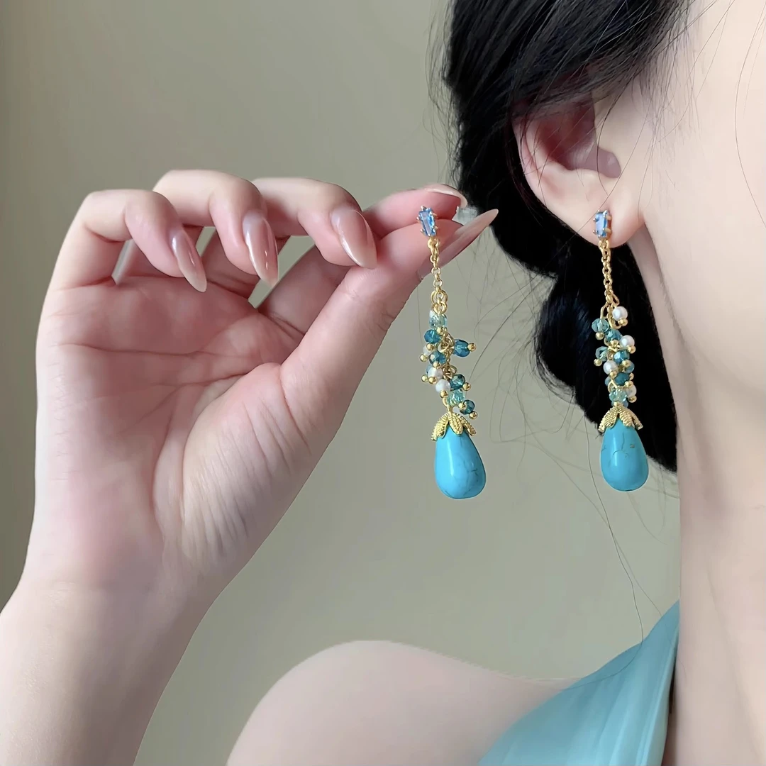 铜合金耳饰 「海滨微风」高级感长款流苏耳钉蚊香盘耳夹无耳洞耳环