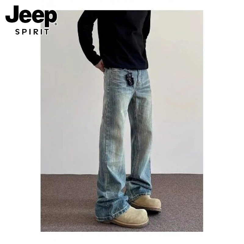 JEEPSPIRIT美式高街cleanfit男款秋做旧牛仔裤潮直筒微喇vibe裤子