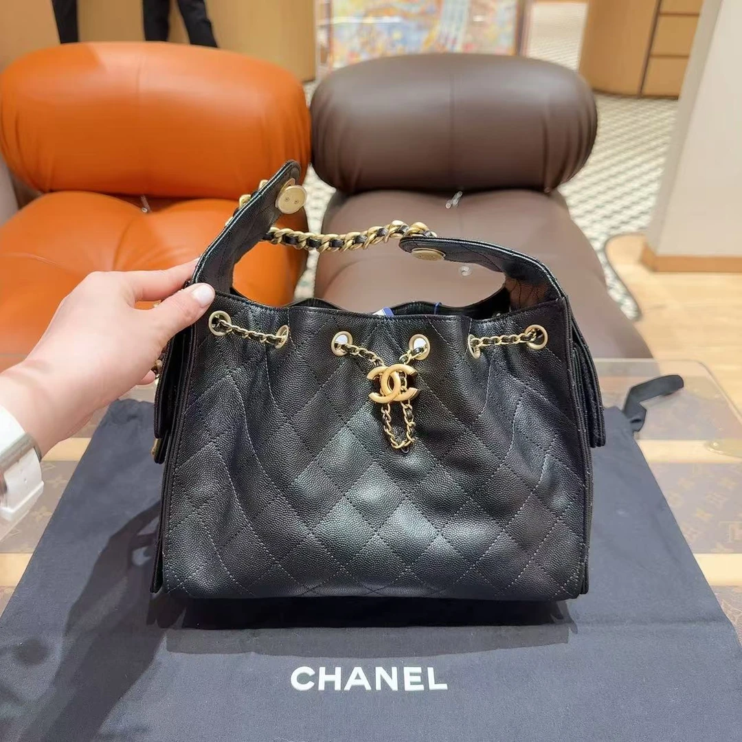 全新未使用 Chanel/香奈儿 25S hobo bag 黑金荔枝牛皮小号