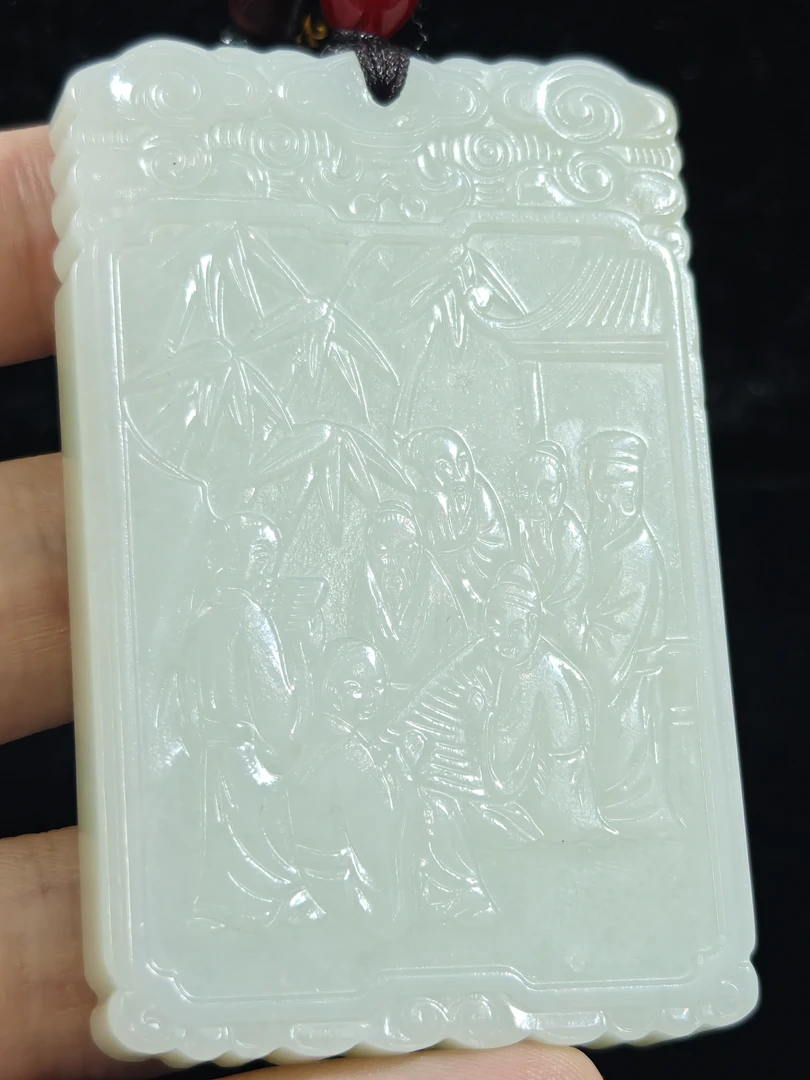 旧藏天然和田玉竹林七贤子冈玉牌83克72*45*9mm