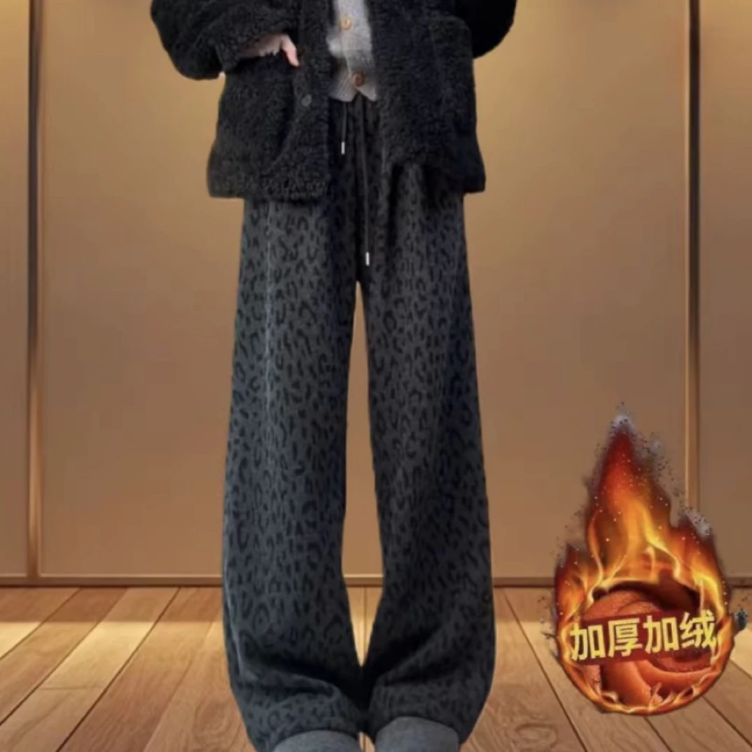 【原版面料】加绒加厚豹纹休闲裤女2025新款抽绳松紧腰显瘦窄版直筒