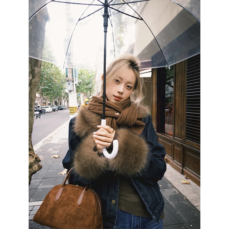 复古港风毛毛领牛仔外套女2025秋季新款小众修身百搭短款夹克上衣