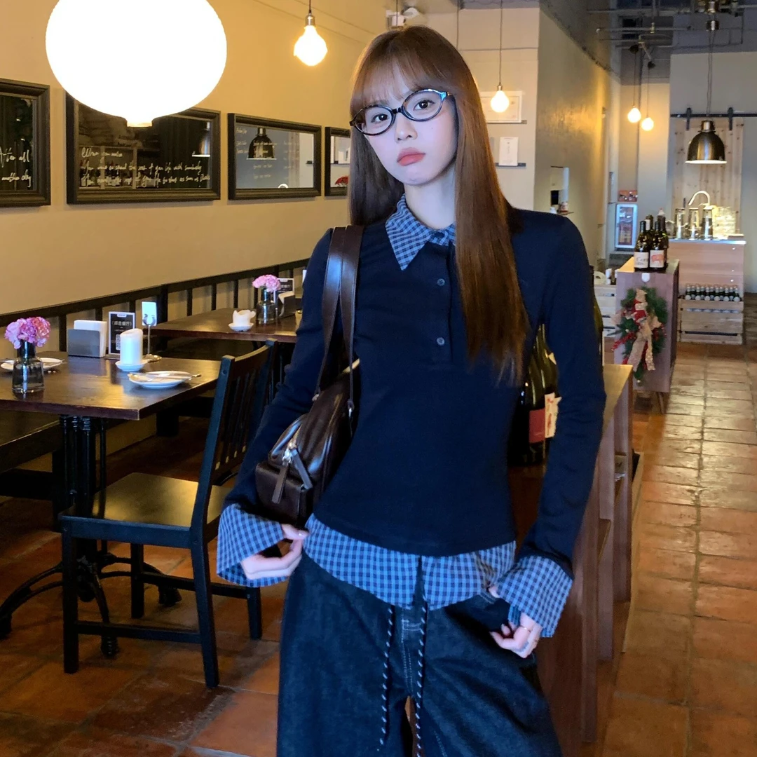 美式复古假两件格子拼接Polo领上衣女秋冬显瘦正肩内搭长袖打底衫