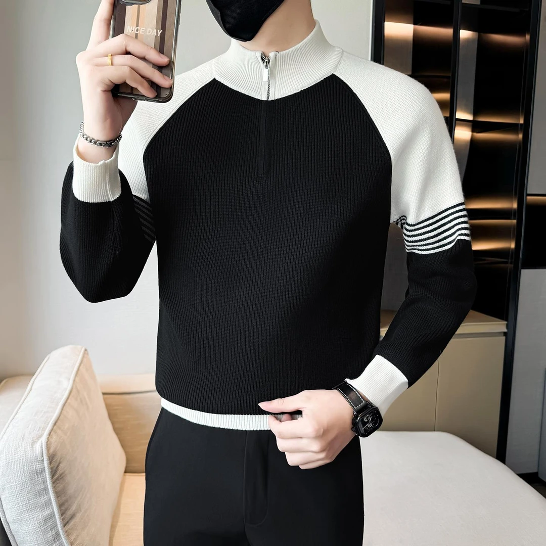 秋冬新款撞色针织衫外套男款美式痞帅立领毛衣时尚休闲内搭打底衫