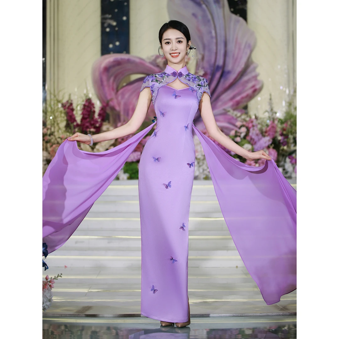 蔓萝澜【紫蝶纷飞】走秀旗袍2025年新款紫色绣花蝴蝶仙气长款礼服