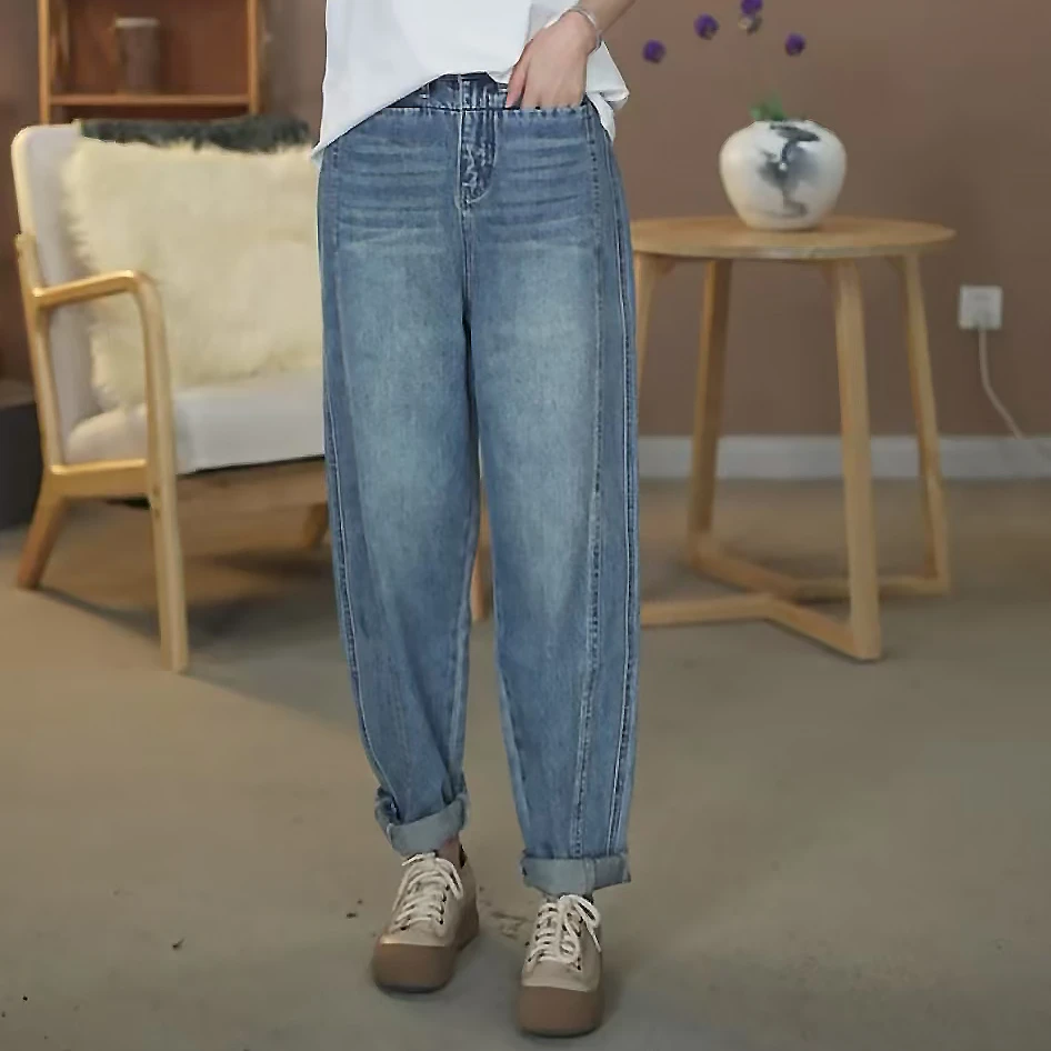 1232蓝色渐变牛仔老爹裤直筒百搭裤子休闲裤弯刀裤春季【卡码拍小】