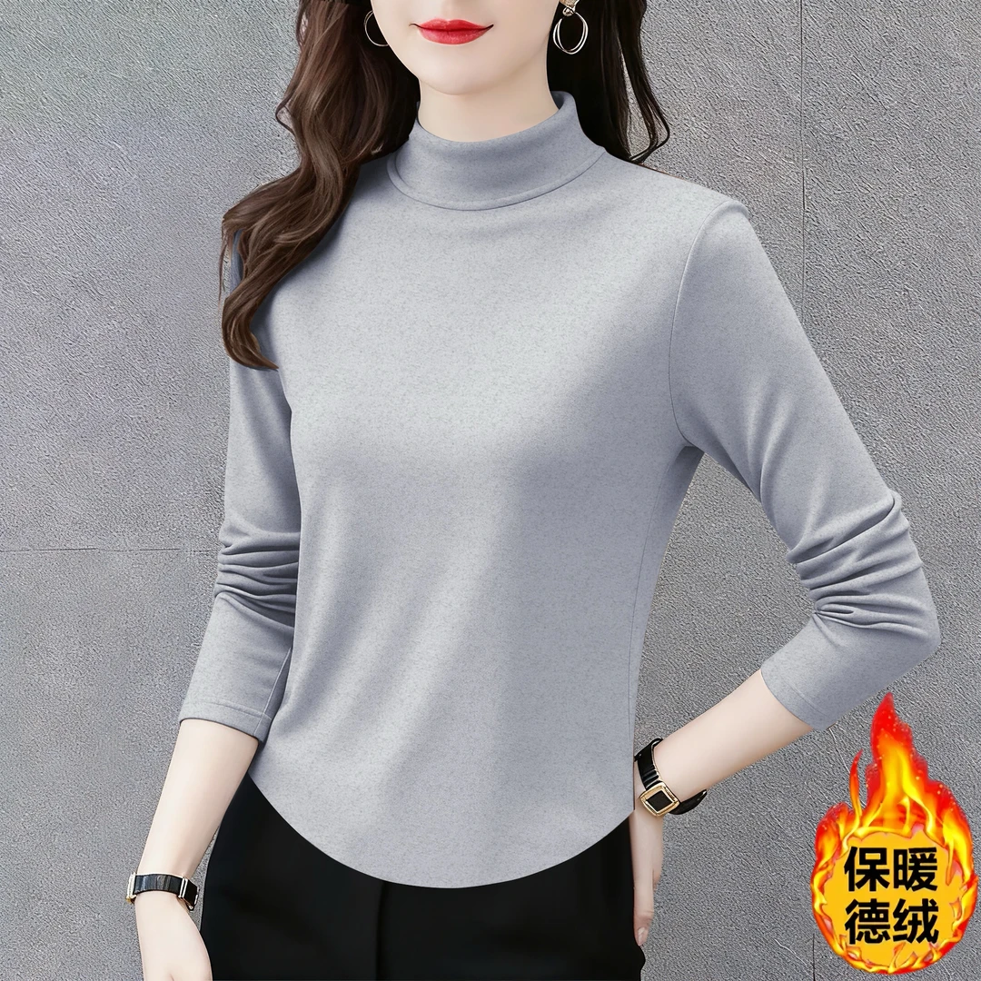 加厚双面德绒半高领打底衫女秋冬季新款修身遮肚百搭长袖保暖上衣