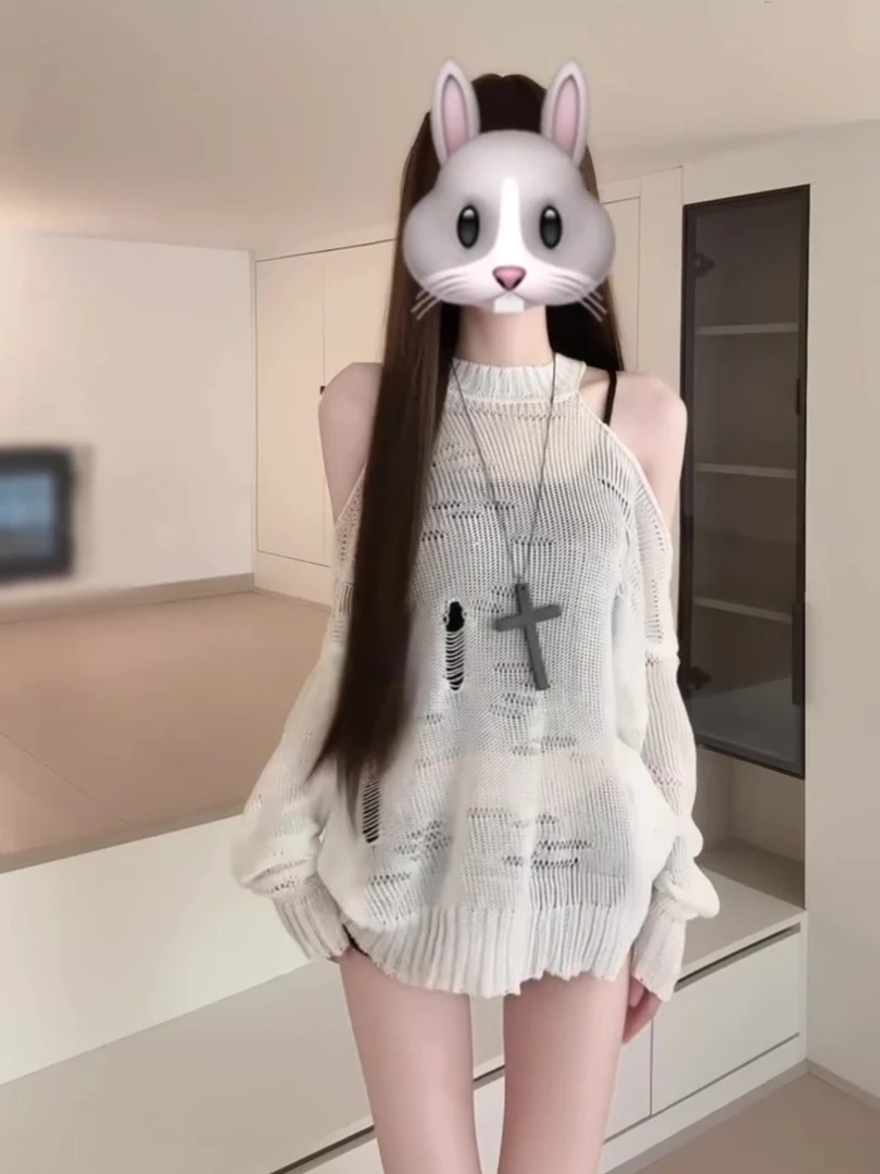 好质量2025早秋女新款休闲别致镂空上衣辣妹慵懒风长袖罩衫针织衫