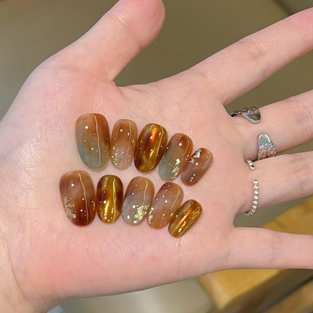 【瑶池仙境】秋冬琥珀色晕染配色纯手工穿戴甲显白高级感美甲