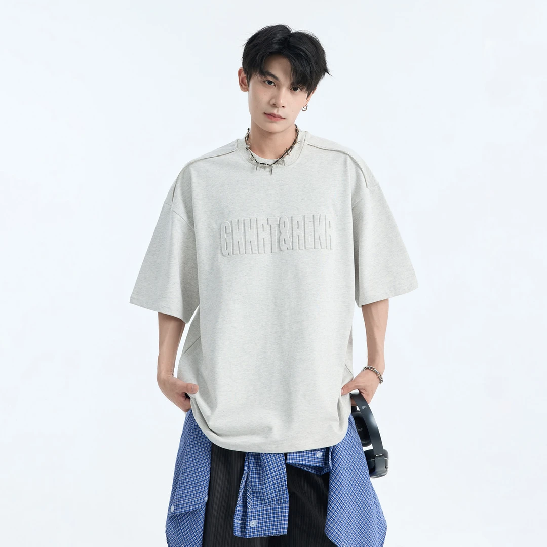 潮牌重磅钢印字母短袖T恤男款夏季美式复古宽松休闲圆领上衣日系