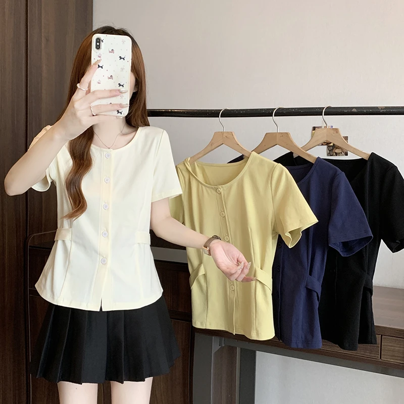 2025夏装新款胖mm大码女休闲百搭收腰修身显瘦短袖T恤35623