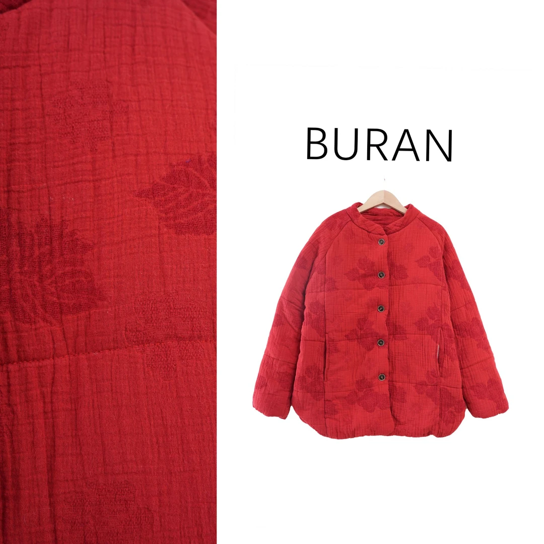 BRCP/布然初品冬季新年棉服外套亚麻棉红色休闲百搭印花保暖3183