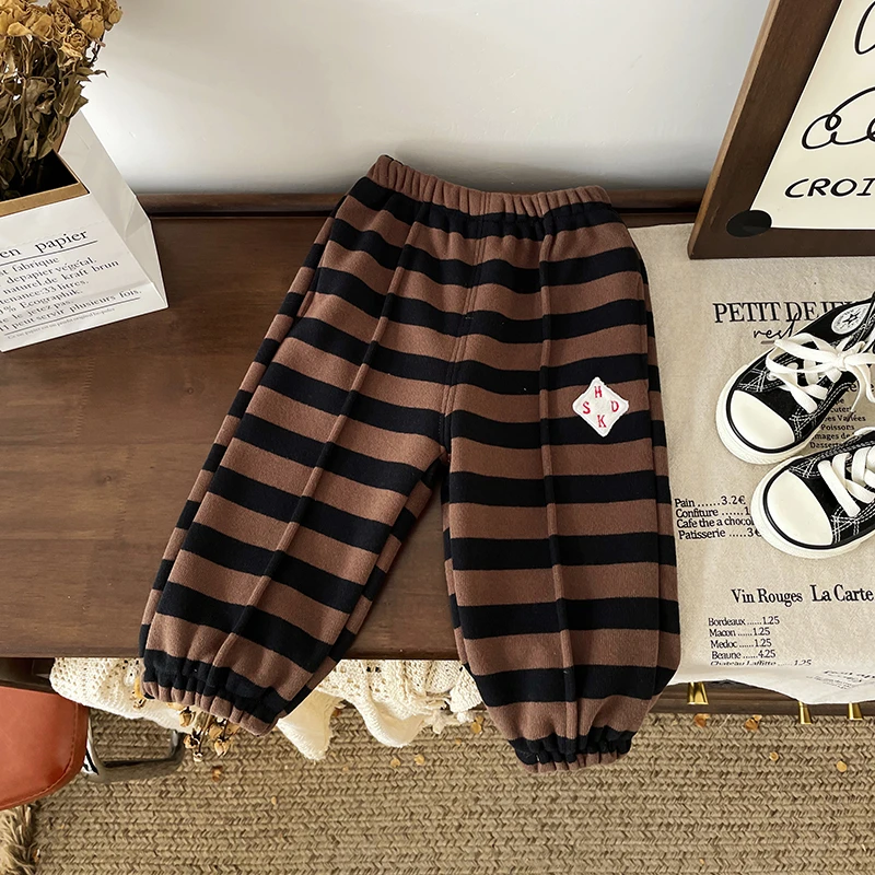 【现货】QK247644秋冬新款儿童裤子宝宝条纹加绒保暖休闲裤