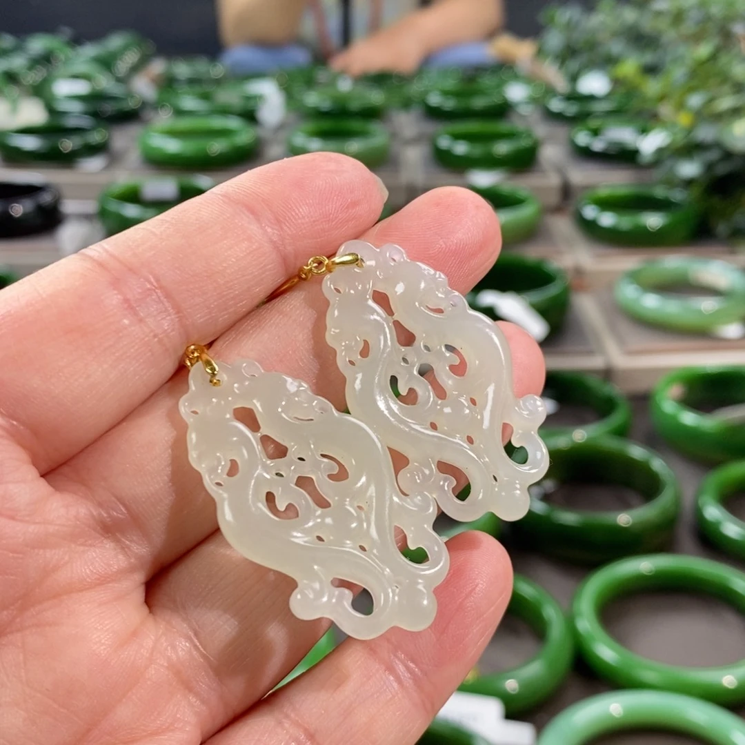 和田玉银S925镶嵌耳饰