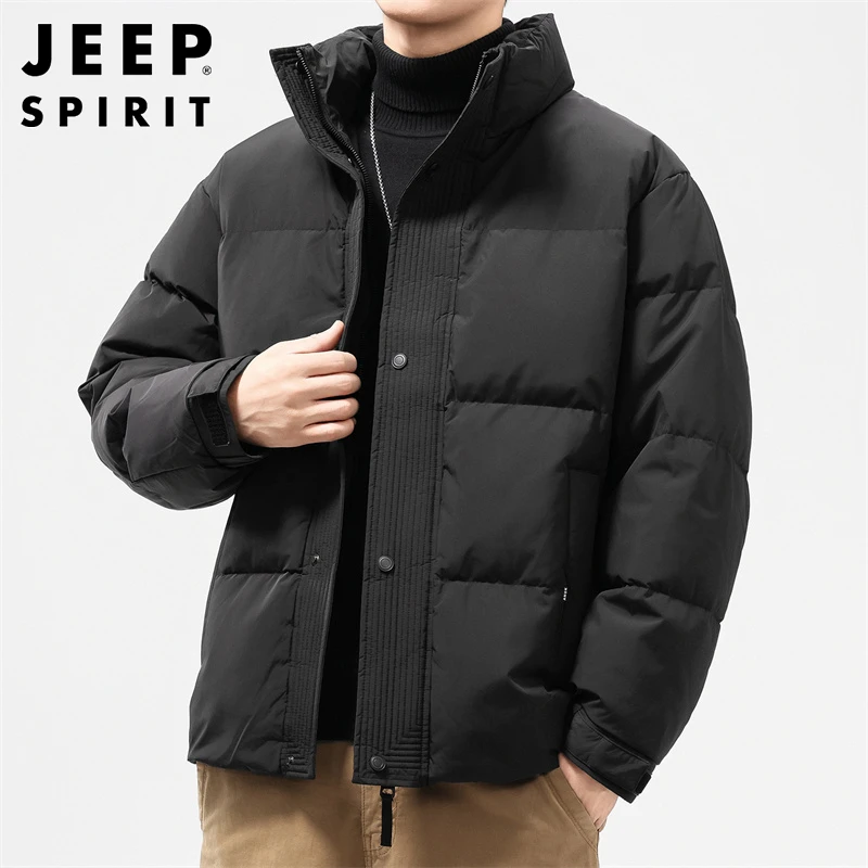 JEEPSPIRIT黑色羽绒服男士冬季加厚保暖面包服立领防寒羽绒衣外套