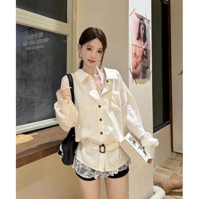 米白色polo领长袖衬衫女秋季叠穿蕾丝背心防晒外套休闲上衣两件套