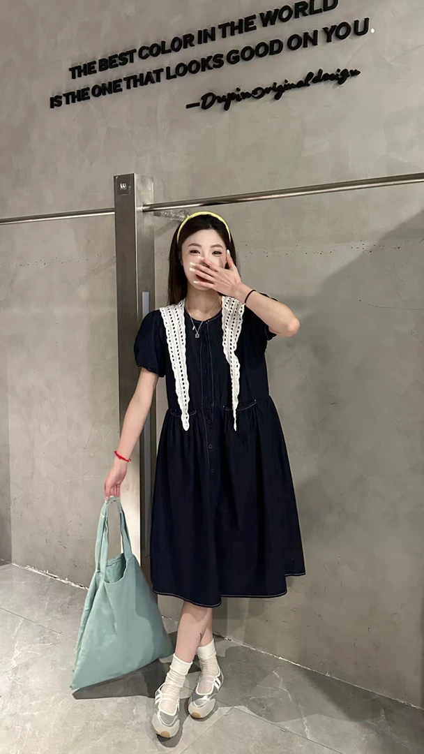 晶姐家披肩款牛仔连衣裙黑色裙子