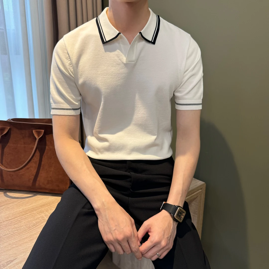 WUSHE物社【法式老钱风】男士夏季简约休闲POLO衫撞色翻领短袖T恤男