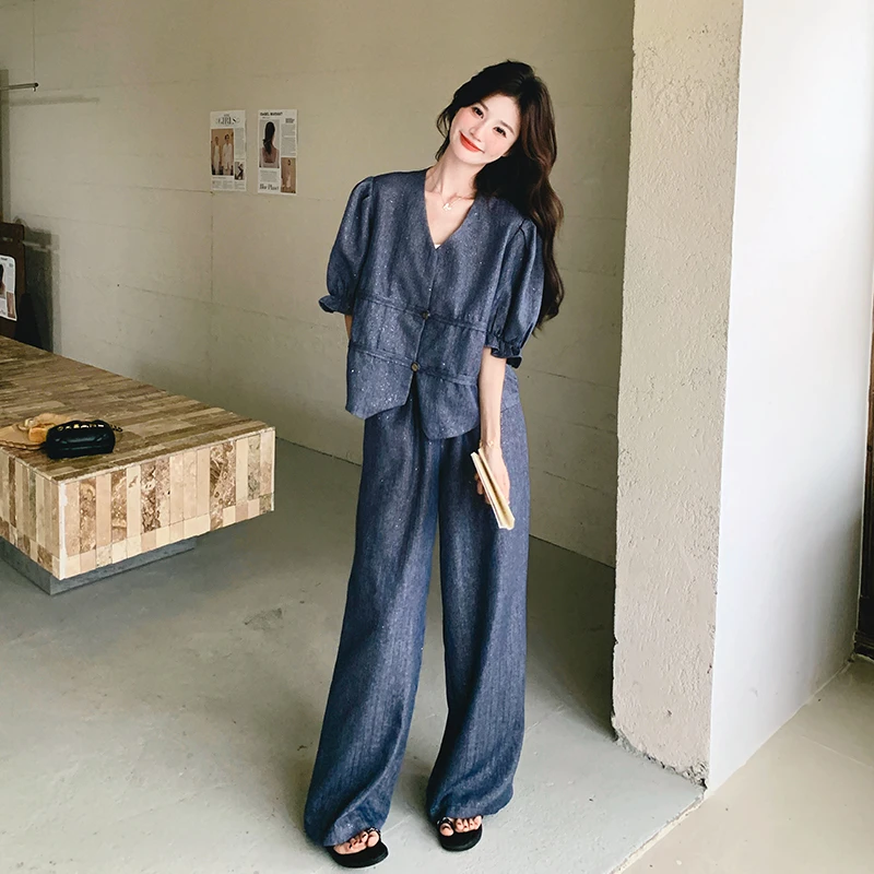 重工烫钻牛仔套装女2025新款超火夏天穿搭慵懒风休闲阔腿裤两件套