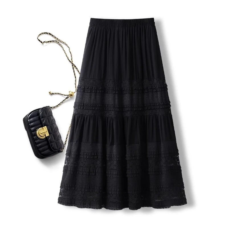 高档黑色半身裙裙子女春秋新款小个子蕾丝法式蛋糕裙独特潮流伞裙