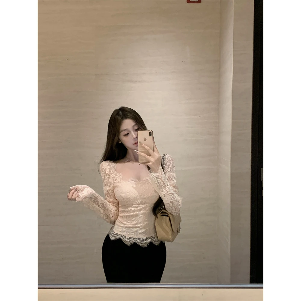 蕾丝拼接纯欲风方领蓝色T恤女秋季修身收腰内搭辣妹长袖打底上衣