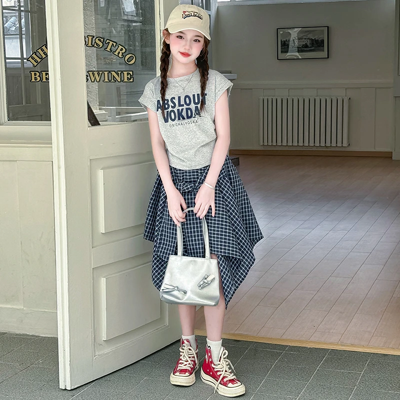 女童套装2025新款6-12岁韩系潮款洋气夏季格子韩版儿童格子裙套装