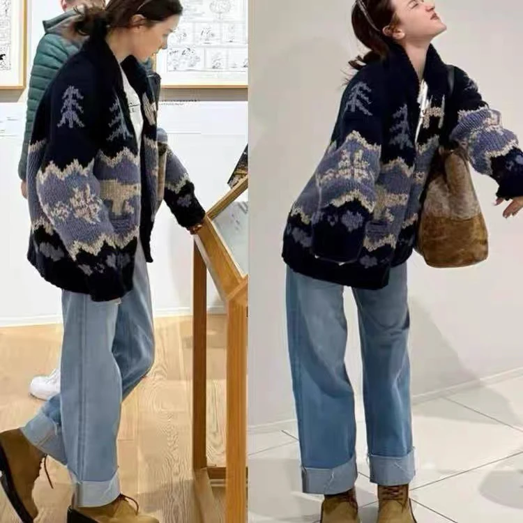 小水平采娜同款宽松费尔岛圣诞印花拉链毛衣针织开衫女秋冬季#97