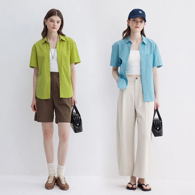 山系学院风 100%美国匹马棉卷边短袖衬衫女-两色入