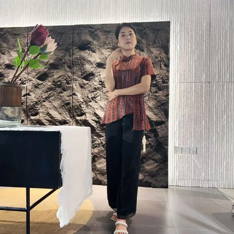 A567  A7  夏季新款不规则新中式盘扣上衣复古直筒休闲裤套装